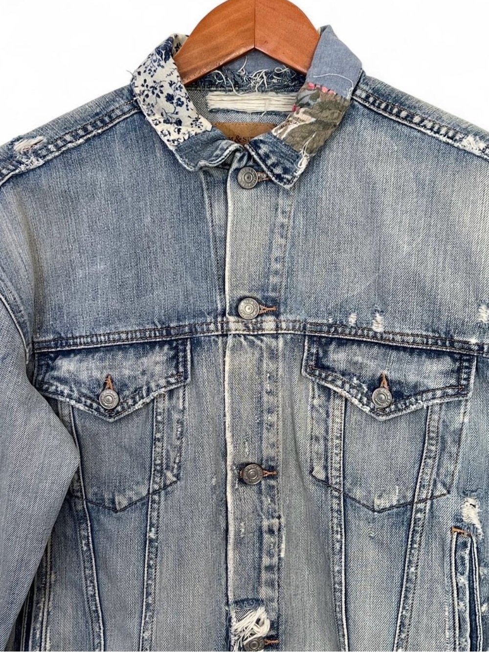 Vintage Ralph Lauren Denim & Supply Frayed Light Wash Patchwork Trucker Jacket L - Picture 2 of 9
